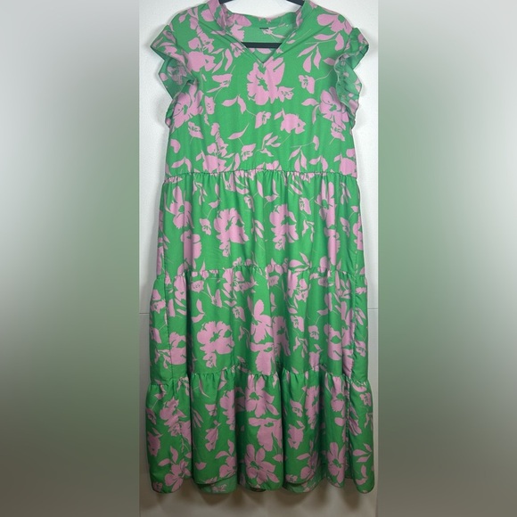 Green and Pink Tiered Maxi Sundress with Flutter Sleeves. Size 1X - Picture 1 of 6